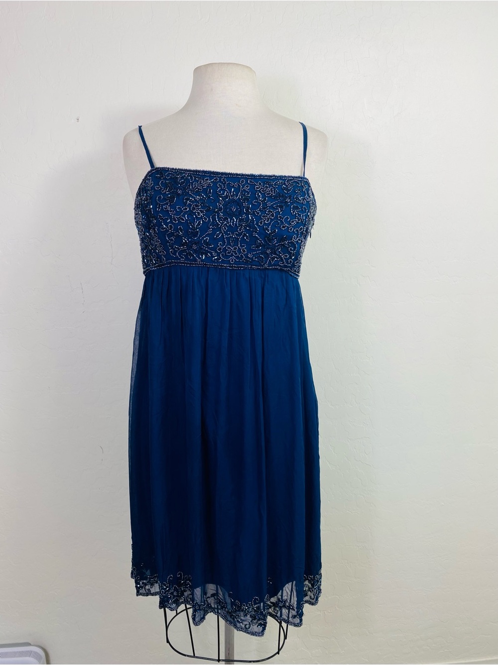 Patra Navy Blue Beaded Spaghetti Strap Mini Dress